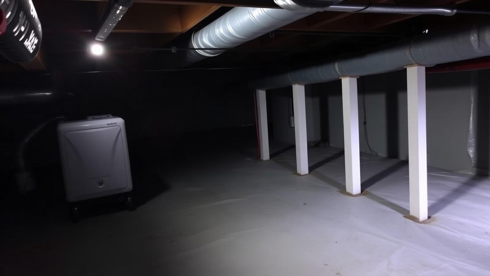 Encapsulated crawl space with vapor barrier and dehumidifier in a Hampton Roads home
