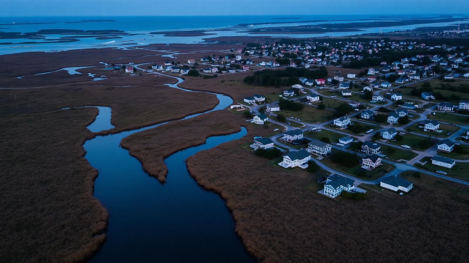 Aerial view of a coastal Hampton Roads neighborhood bordered by tidal marsh